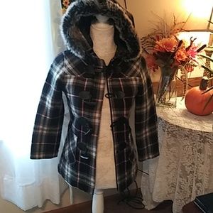 Black white pink grey plaid zip/ toggle hooded coa